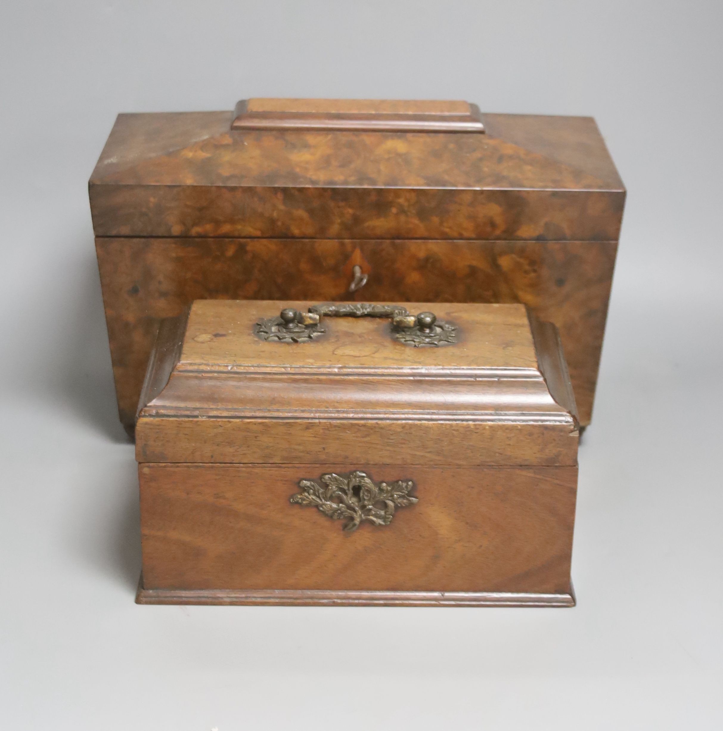 A Victorian burr walnut veneered tea caddy, H 21cm, 31 x 16cm, together with a George III mahogany tea caddy (2)